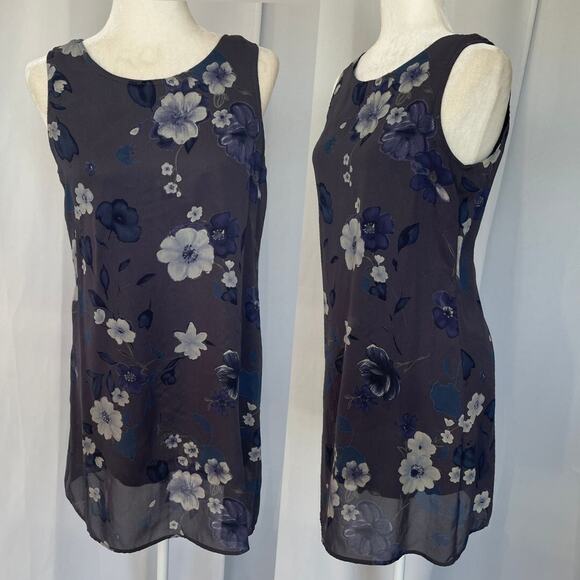 Vintage Mini Dress Size 8 Petite 8P Gray Floral Chiffon Sleeveless Fairy 90s Y2K - Picture 1 of 14